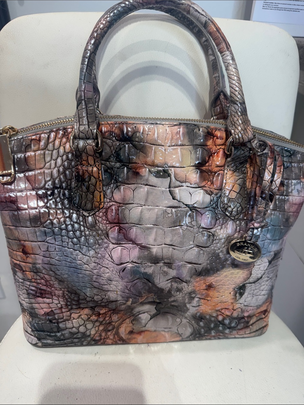 Brahmin Multicolor Croc-Embossed Leather Satchel in Pink, Orange, Gray & Brown